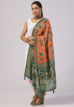 Digital Printed Linen Dupatta in Orange