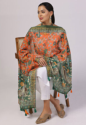 Digital Printed Linen Dupatta in Orange
