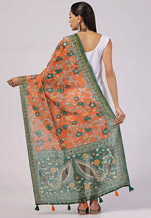 Digital Printed Linen Dupatta in Orange