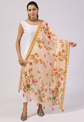 Digital Printed Linen Dupatta in Peach