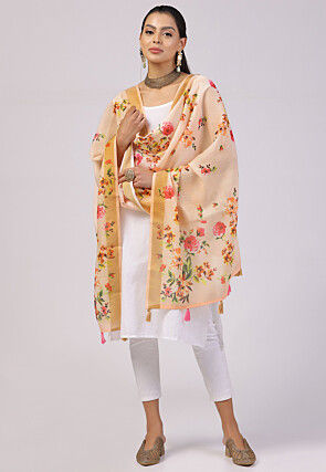 Digital Printed Linen Dupatta in Peach