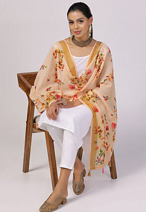 Digital Printed Linen Dupatta in Peach