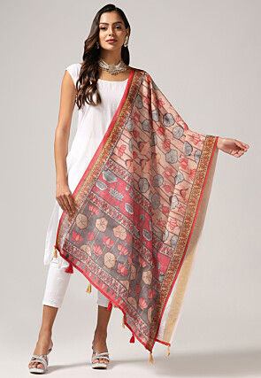 Digital Printed Linen Dupatta in Peach