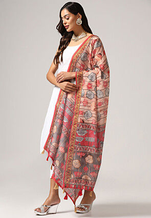 Digital Printed Linen Dupatta in Peach