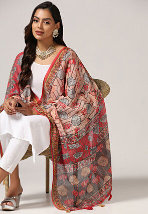 Digital Printed Linen Dupatta in Peach