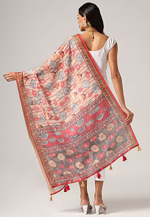 Digital Printed Linen Dupatta in Peach