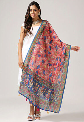 Digital Printed Linen Dupatta in Peach
