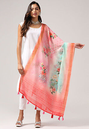 Digital Printed Linen Dupatta in Peach