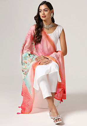 Digital Printed Linen Dupatta in Peach