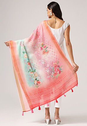 Digital Printed Linen Dupatta in Peach