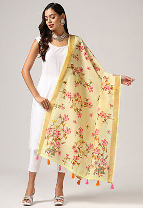 Digital Printed Linen Dupatta in Yellow