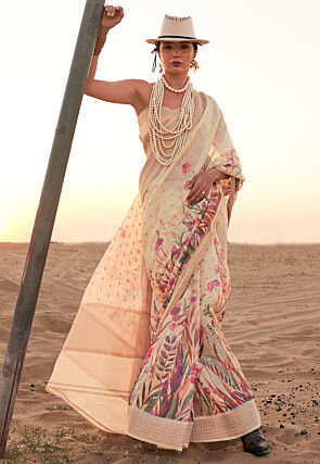 Digital Printed Linen Jacquard Saree in Light Beige