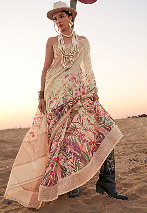 Digital Printed Linen Jacquard Saree in Light Beige