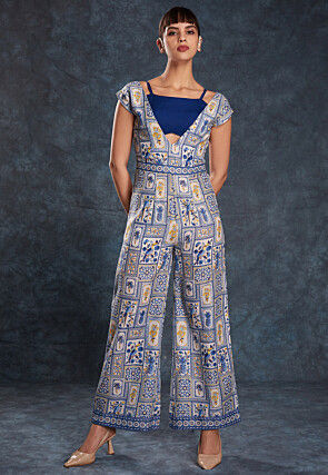 Digital Printed Linen Jumpsuit in Off White and Blue