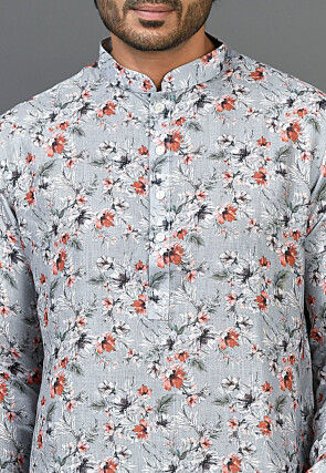 Digital Printed Linen Kurta in Light Grey