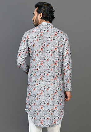 Digital Printed Linen Kurta in Light Grey