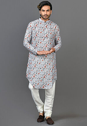 Digital Printed Linen Kurta in Light Grey
