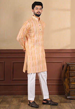 Digital Printed Linen Kurta Set in Peach
