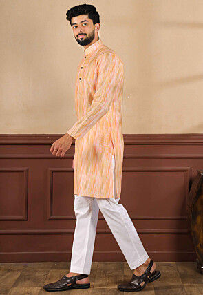 Digital Printed Linen Kurta Set in Peach