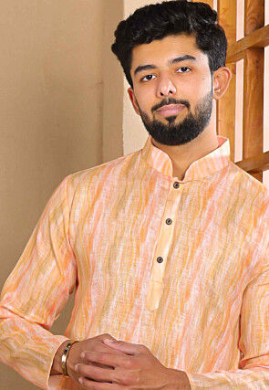 Digital Printed Linen Kurta Set in Peach