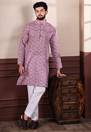 Digital Printed Linen Kurta Set in Purple