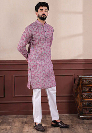 Digital Printed Linen Kurta Set in Purple