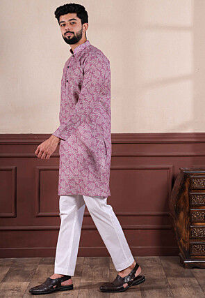 Digital Printed Linen Kurta Set in Purple