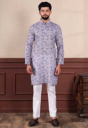 Digital Printed Linen Kurta Set in Purple