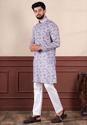Digital Printed Linen Kurta Set in Purple
