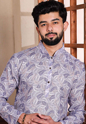 Digital Printed Linen Kurta Set in Purple