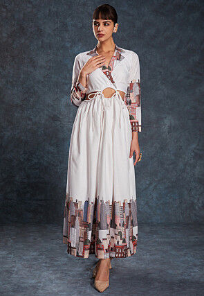 Digital Printed Linen Maxi Dress in Off White