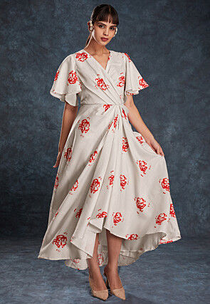 Digital Printed Linen Maxi Dress in Off White