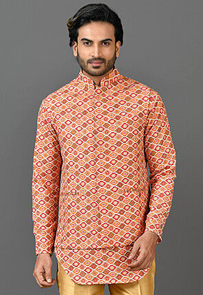 Digital Printed Linen Nehru Jacket in Multicolor