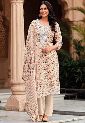 Digital Printed Linen Pakistani Suit in Beige