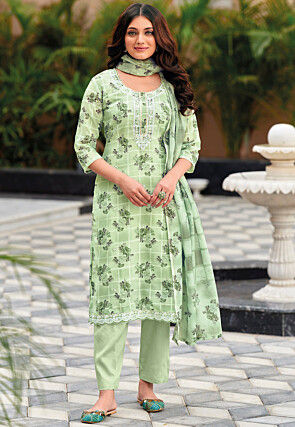 Digital Printed Linen Pakistani Suit in Light Green