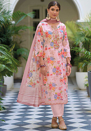 Digital Printed Linen Pakistani Suit in Pink