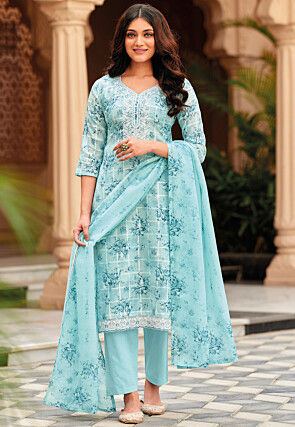 Digital Printed Linen Pakistani Suit in Sky Blue
