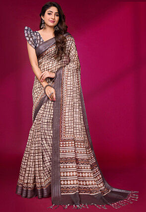 Digital Printed Linen Saree in Beige