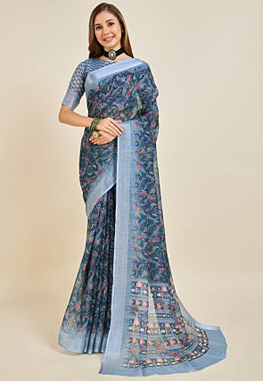 Digital Printed Linen Saree in Blue