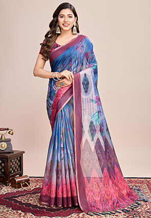 Digital Printed Linen Saree in Blue