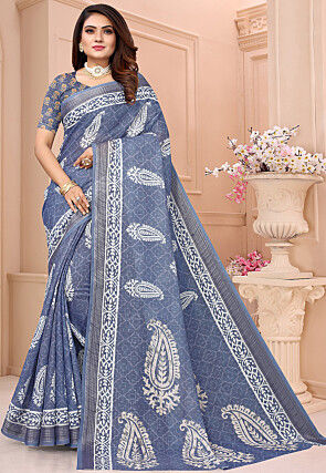 Digital Printed Linen Saree in Blue