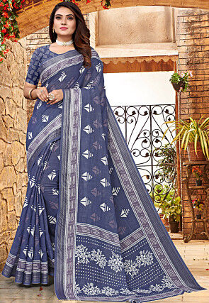 Digital Printed Linen Saree in Blue