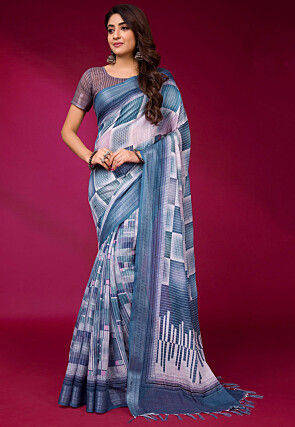 Digital Printed Linen Saree in Blue