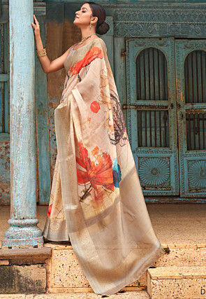 Digital Printed Linen Saree in Cream