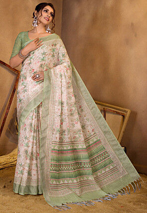 Digital Printed Linen Saree in Cream