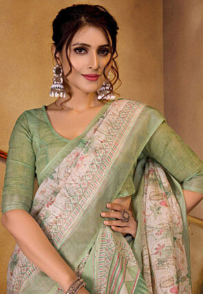 Digital Printed Linen Saree in Cream