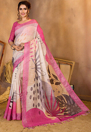 Digital Printed Linen Saree in Cream