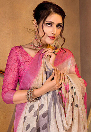 Digital Printed Linen Saree in Cream