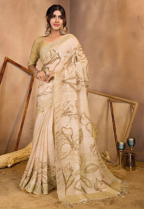 Digital Printed Linen Saree in Cream