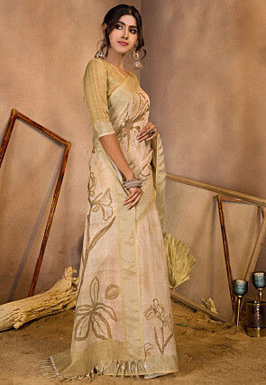 Digital Printed Linen Saree in Cream